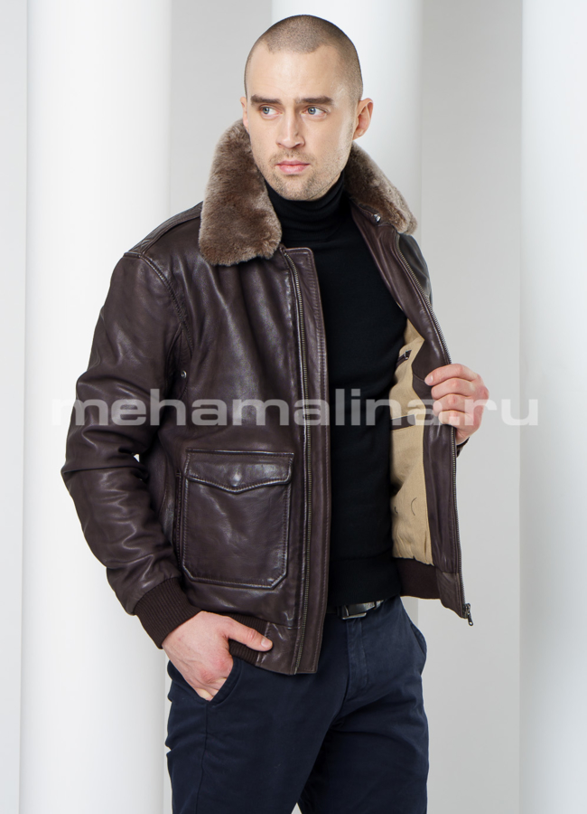 Кожаная куртка на резинке модель № KP-219 универмаг малина