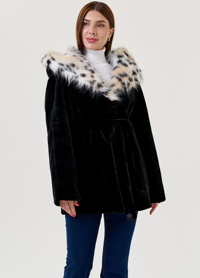 фото Женское полупальто из искусственного меха с капюшоном  модель № 23616