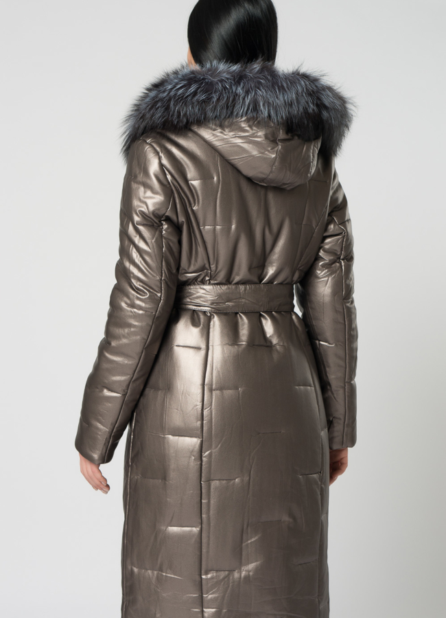 Пуховик из эко кожи с чернобуркой модель № 22122 универмаг малина