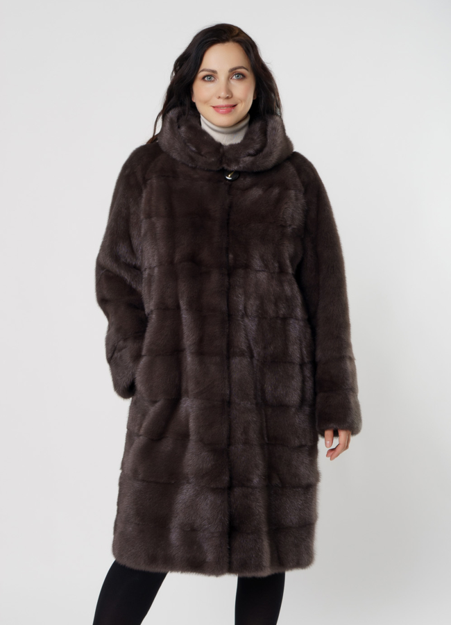 Шуба из норки в цвете капучино с капюшоном модель № 8010 меха малина