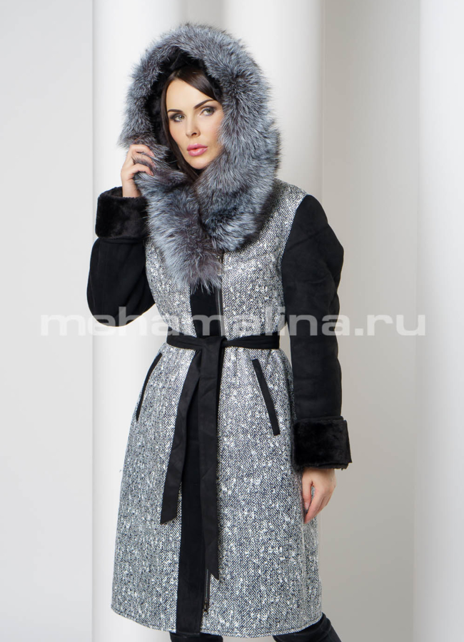Дубленка из эко меха с капюшоном  модель № 1607 в кредит