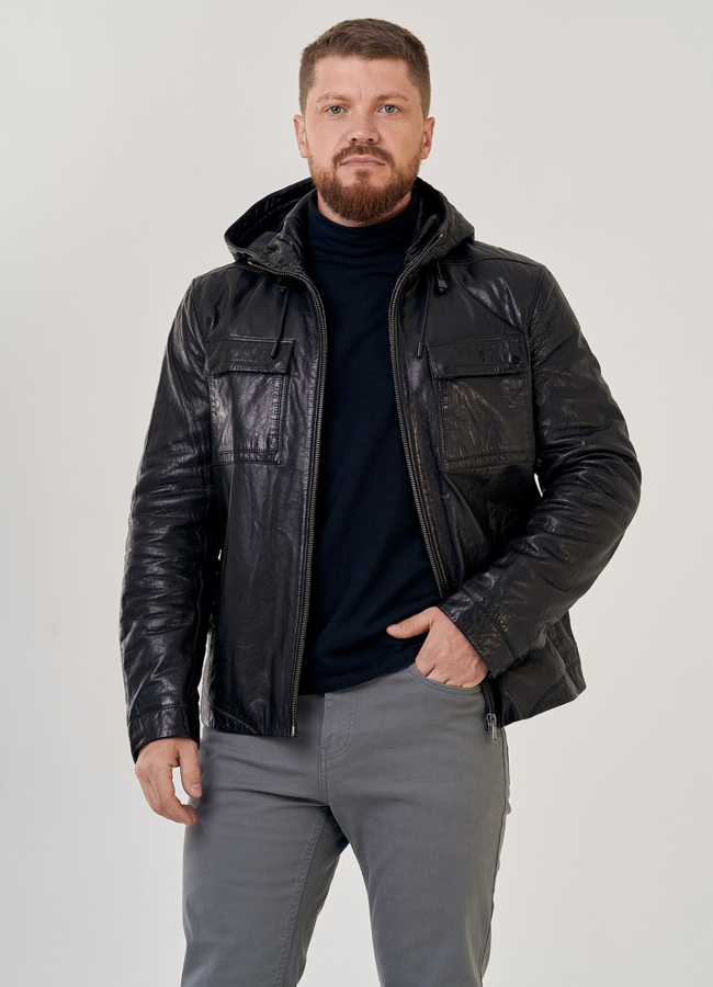 Мужская кожаная куртка с капюшоном модель № 80596 меха малина