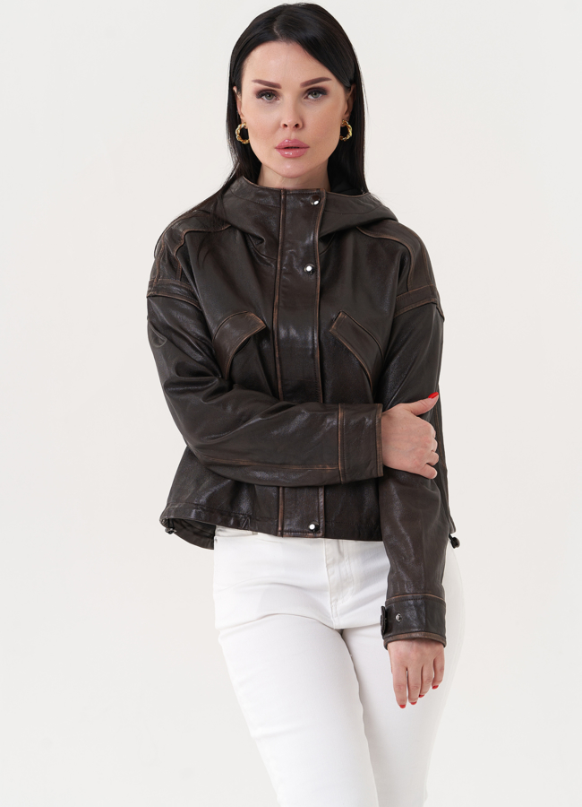 Куртка из натуральной кожи с капюшоном модель № 27156 меха малина