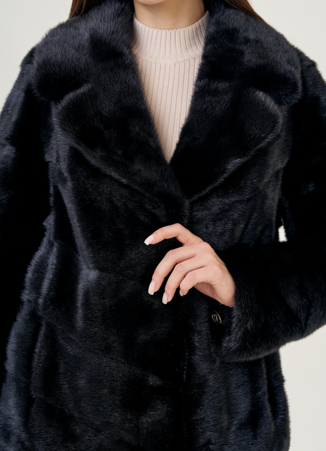Норковая шуба с английским воротником в черном цвете модель № 23110 универмаг малина