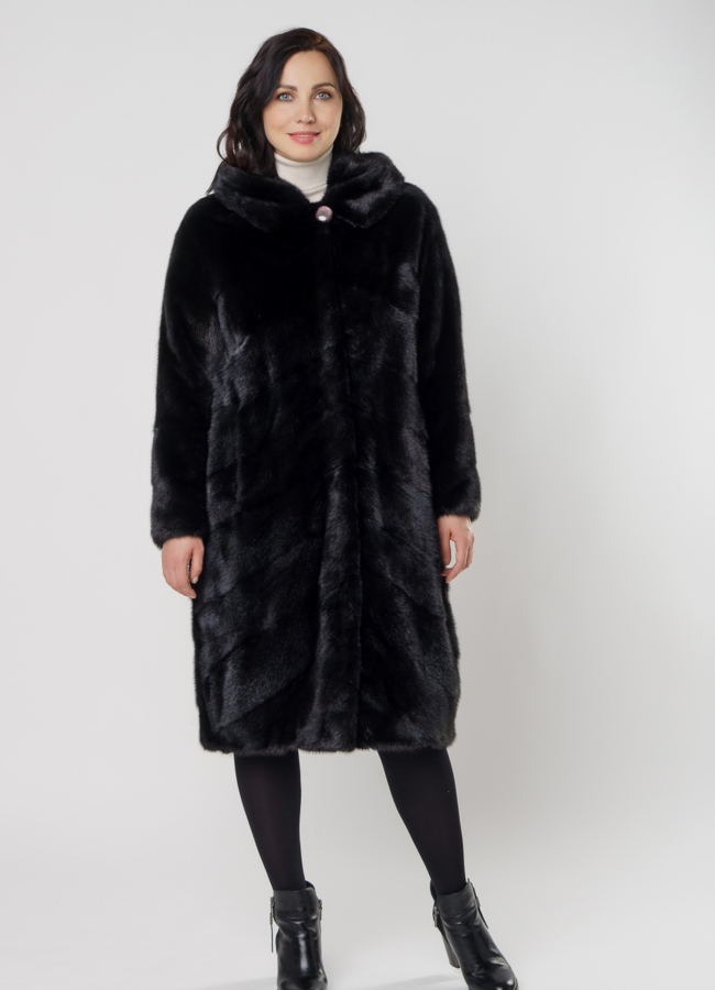 фото Черная норковая шуба с капюшоном модель № 381