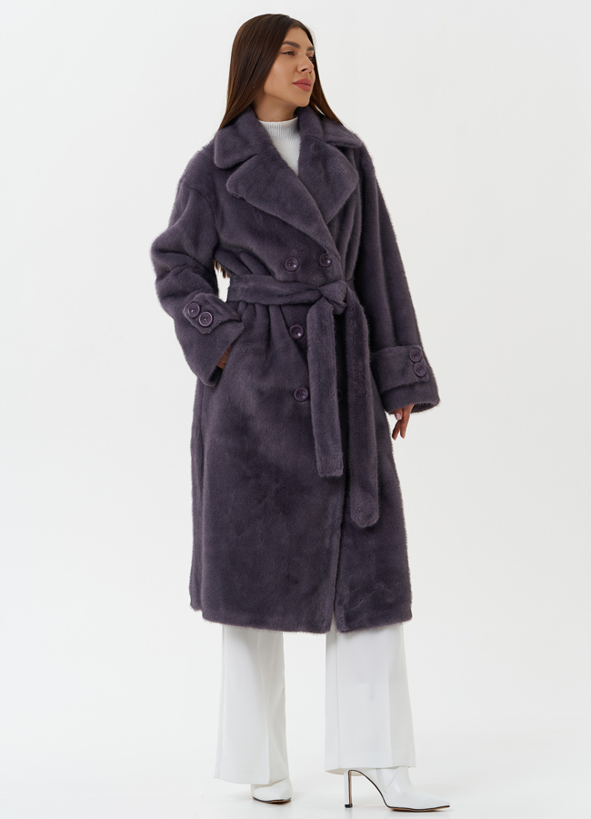 фото Длинное пальто из эко меха с поясом модель № 27797