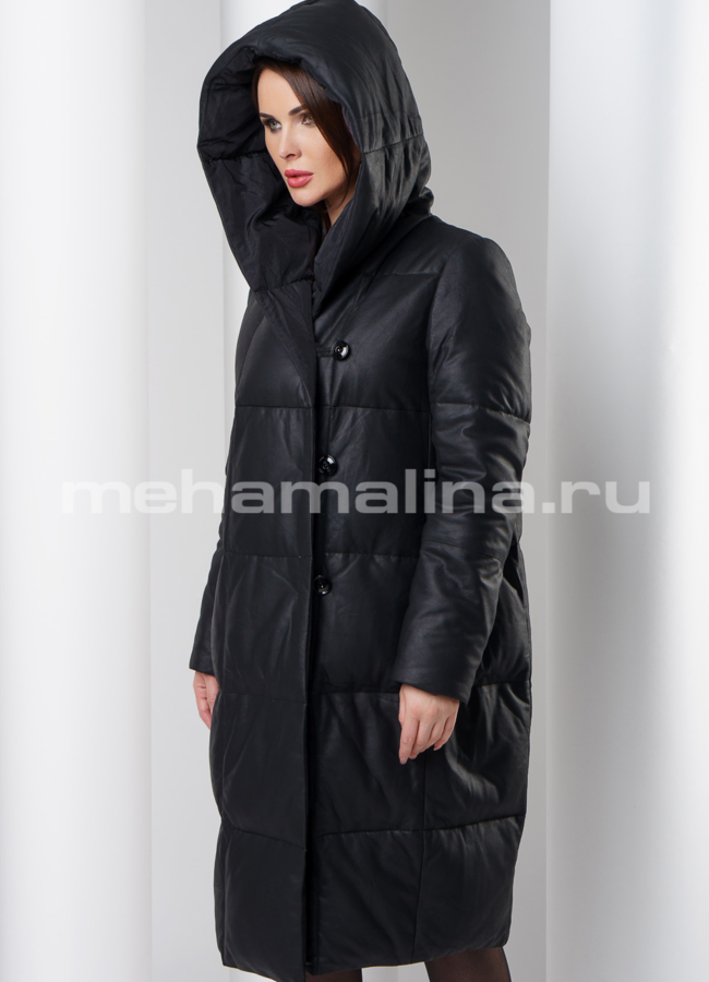 фото Кожаное пальто с капюшоном модель № K-387