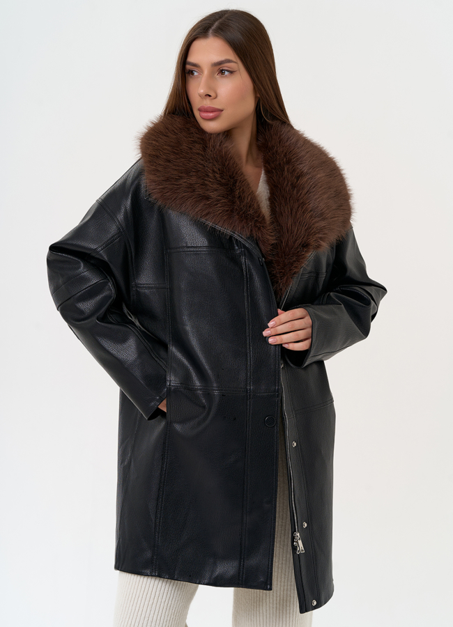 фото Женская утепленная куртка из эко кожи с воротником из эко меха модель № 31496 фото Женская утепленная куртка из эко кожи с воротником из эко меха модель № 31496