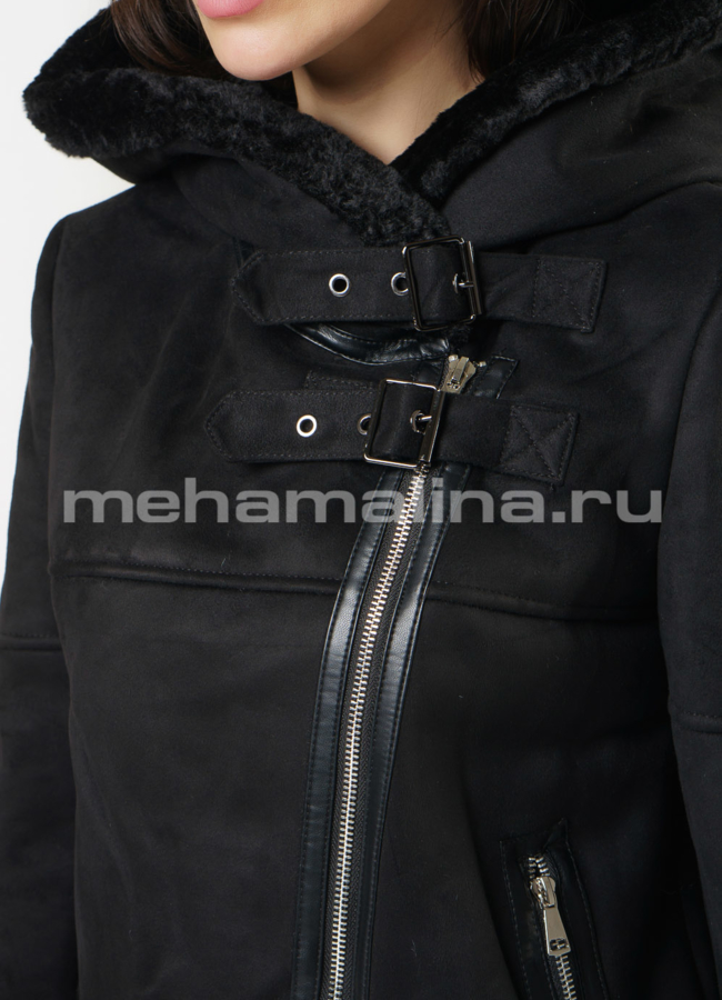 Эко дубленка на молнии с капюшоном в черном цвете модель № 9186 универмаг малина