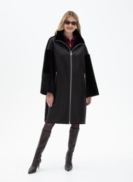 Женская двухсторонняя дубленка из эко кожи с воротником стойкой