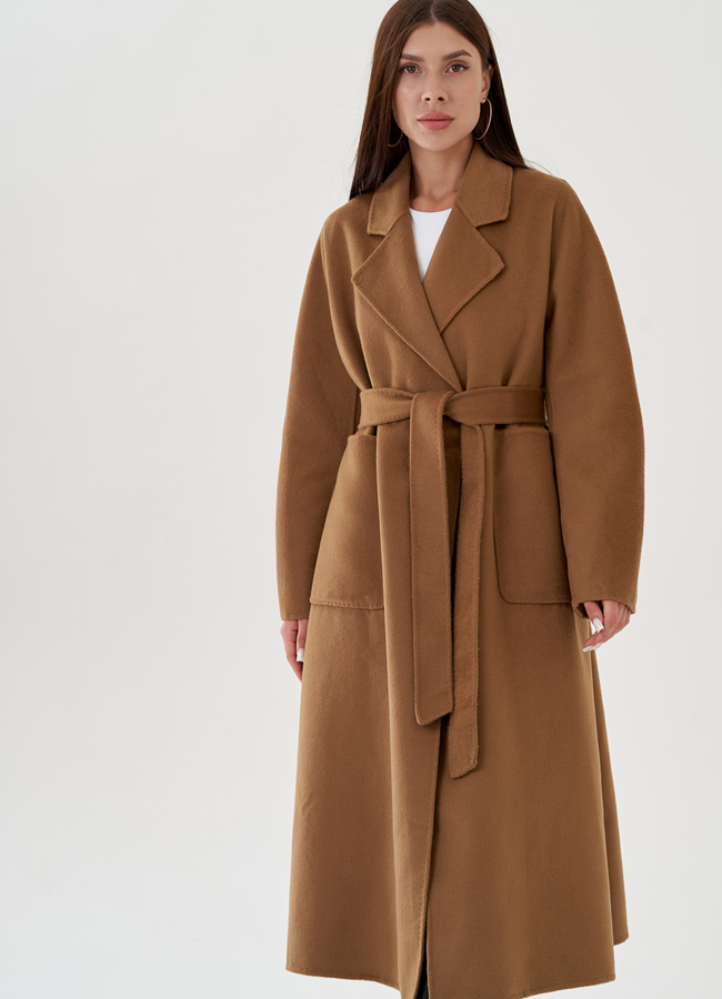 Удлиненное женское пальто в коричневом  цвете  модель № 81824 универмаг малина