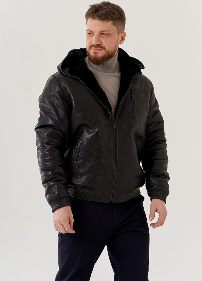 Мужская дубленка черного цвета модель № 79287 меха малина