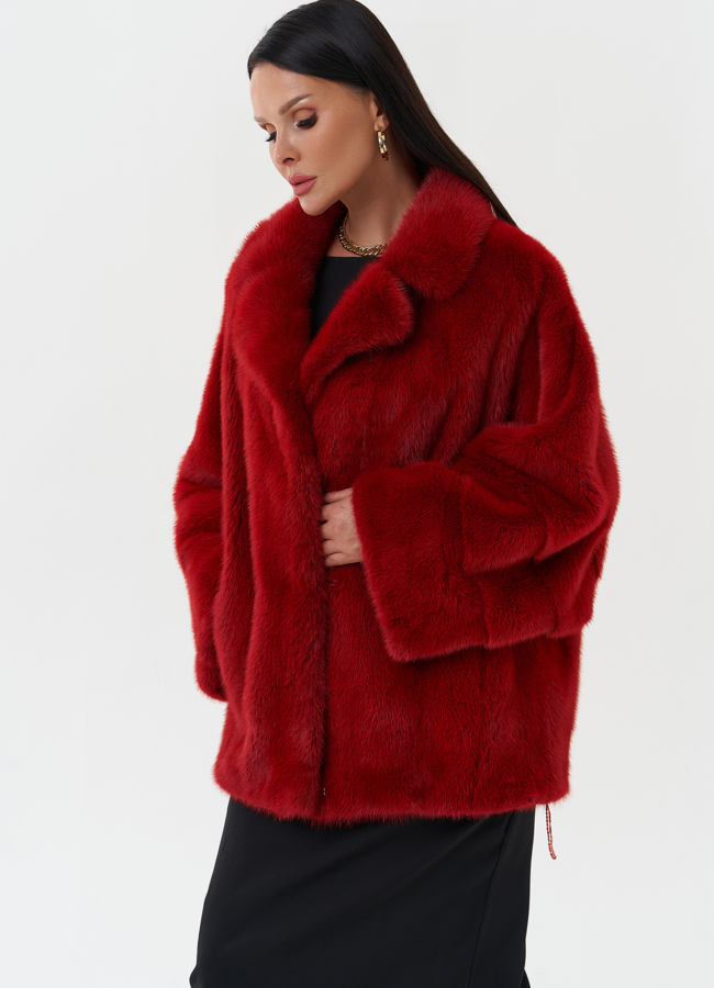 Шуба из норки красного цвета модель № 25273 универмаг малина