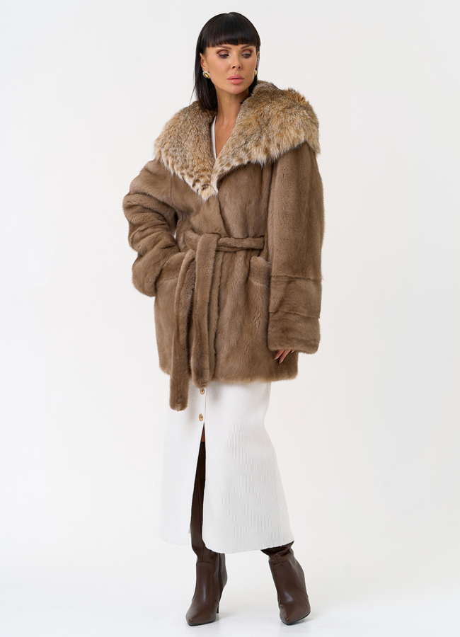 Женская шуба из меха норки с капюшоном из меха рыси модель № 31165 универмаг малина