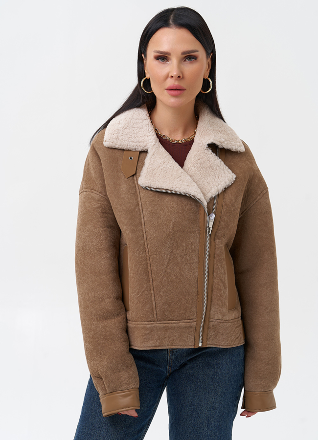 Женская натуральная дубленка модель № 29071 меха малина