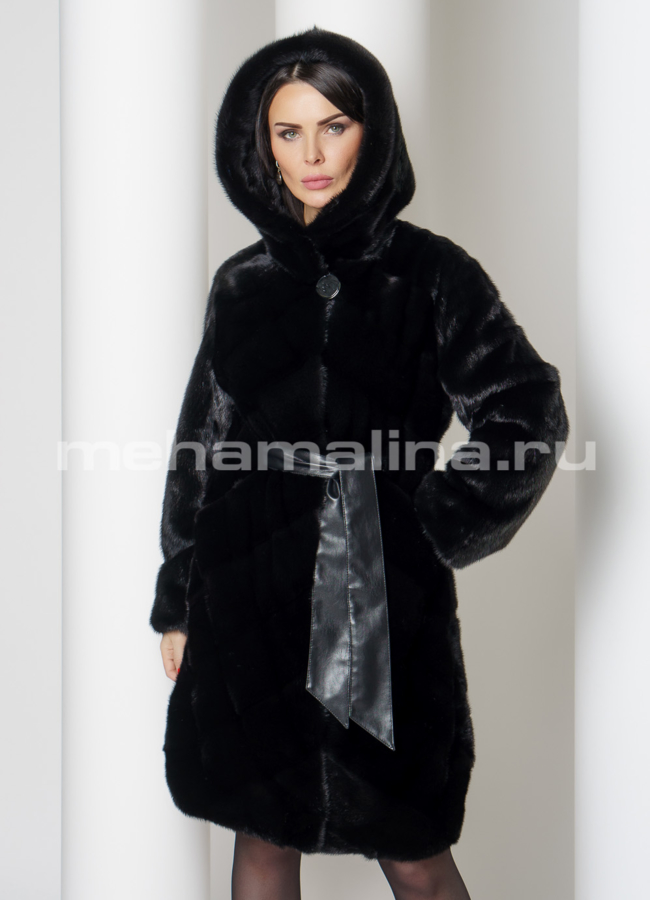 Норковая шуба черного цвета с капюшоном модель № S-778 универмаг малина