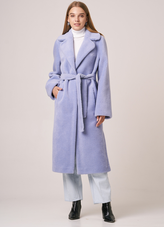 фото Шуба из эко меха с поясом голубого цвета модель № 2030