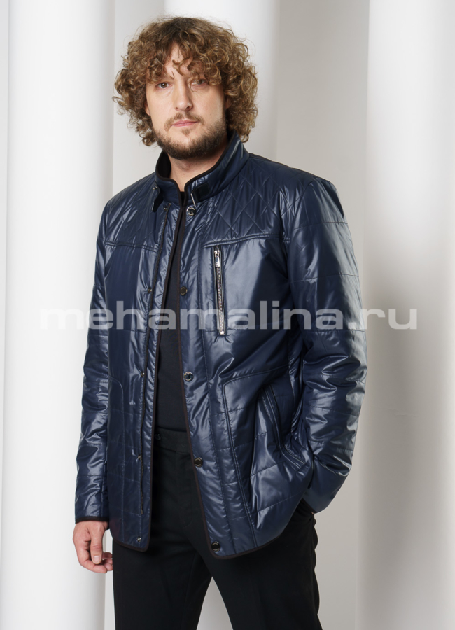 Куртка синего цвета на молнии и кнопках модель № 9123 меха малина