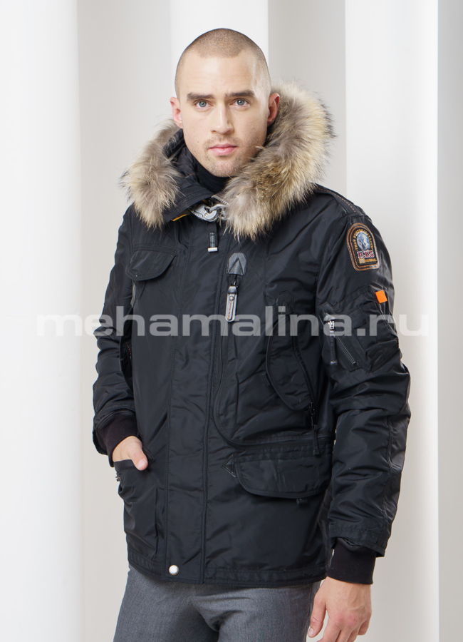 Пуховик черного цвета модель № KM-3 меха малина