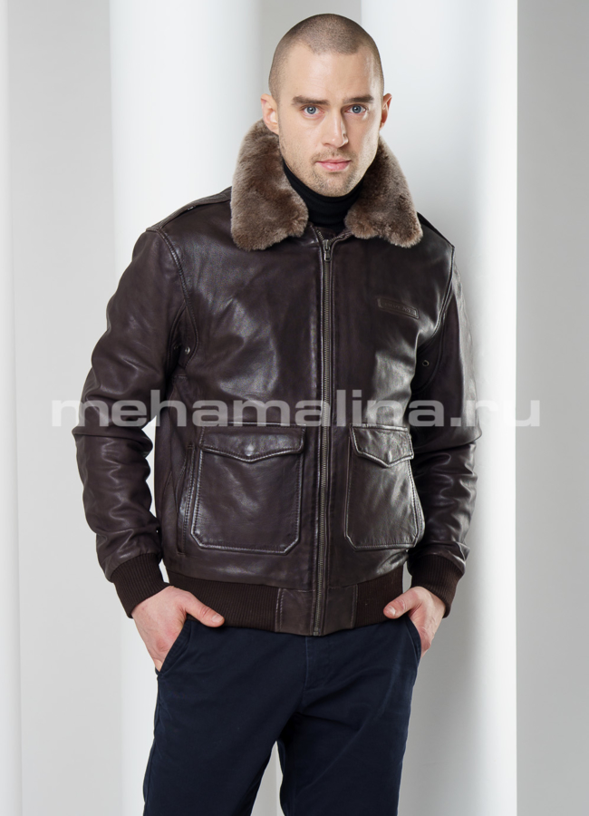 Кожаная куртка на резинке модель № KP-219 универмаг малина