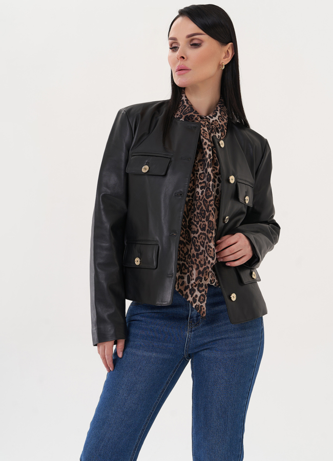 Жакет из натуральной кожи с акцентными пуговицами модель № 500120 меха малина Жакет из натуральной кожи с акцентными пуговицами модель № 500120 меха малина