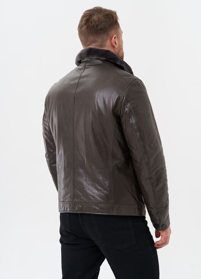 Пуховик из натуральной кожи с отделкой из овчины модель № 28948 универмаг малина