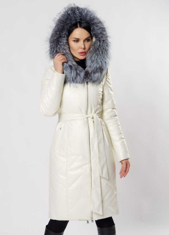 Пуховик из эко кожи на молнии с капюшоном модель № 19345 универмаг малина