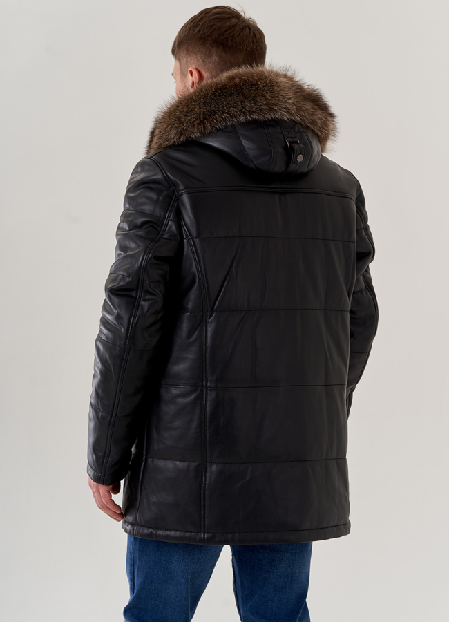 Мужской пуховик из натуральной кожи с капюшоном  модель № 79619 в рассрочку