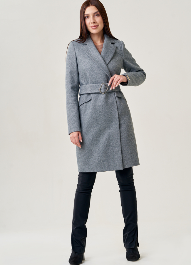 Женское пальто серого цвета с поясом модель № 75566 меха малина