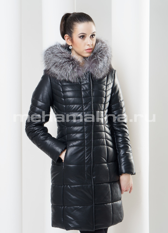 Пуховик большого размера из экокожи модель № П-46 меха малина
