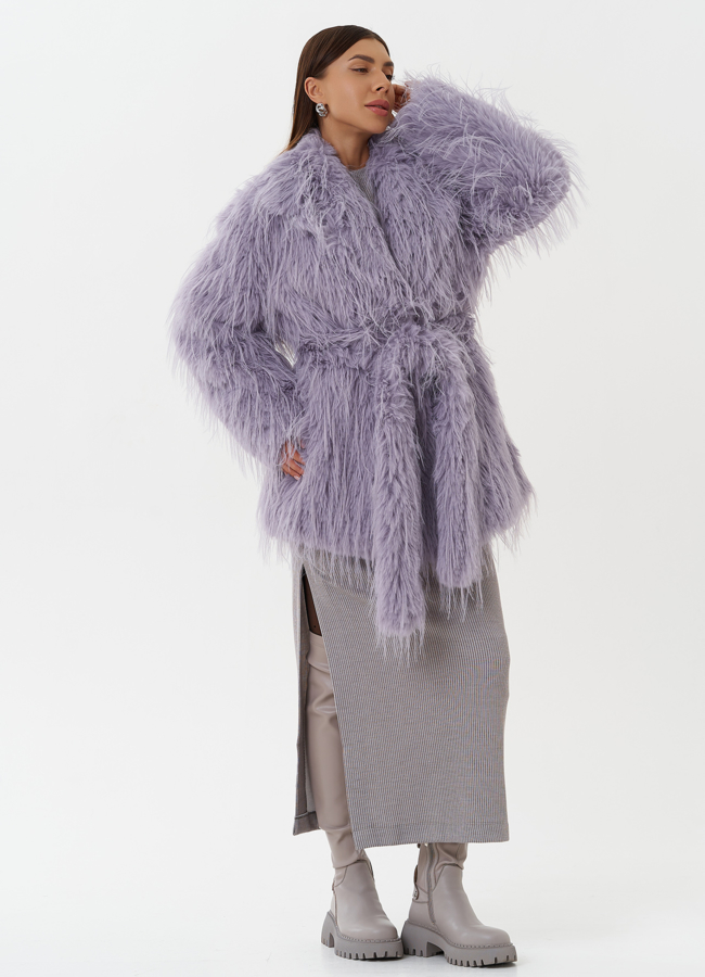 Шуба под эко страуса с поясом модель № 27811 меха малина