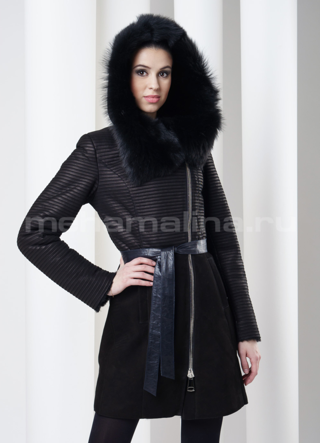 Дубленка с французской молнией, цвет черный модель № D-108 меха малина