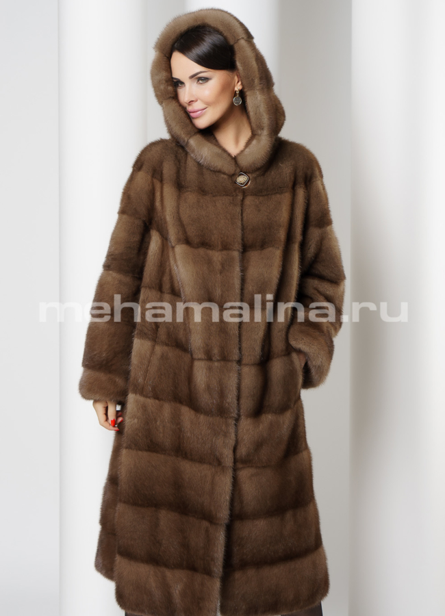 фото Норковая шуба с капюшоном в цвете пастель модель № S-729