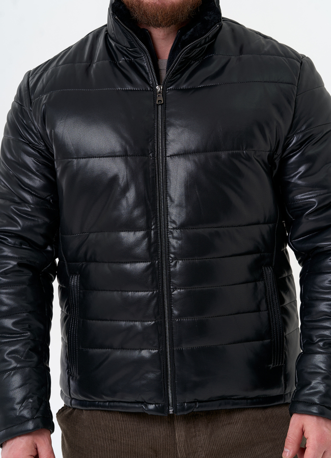 Пуховик из эко кожи черного цвета модель № 31722 универмаг малина