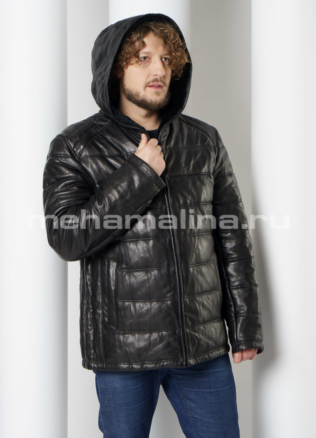 Кожаный пуховик с отделкой из овчины модель № KP-230 универмаг малина