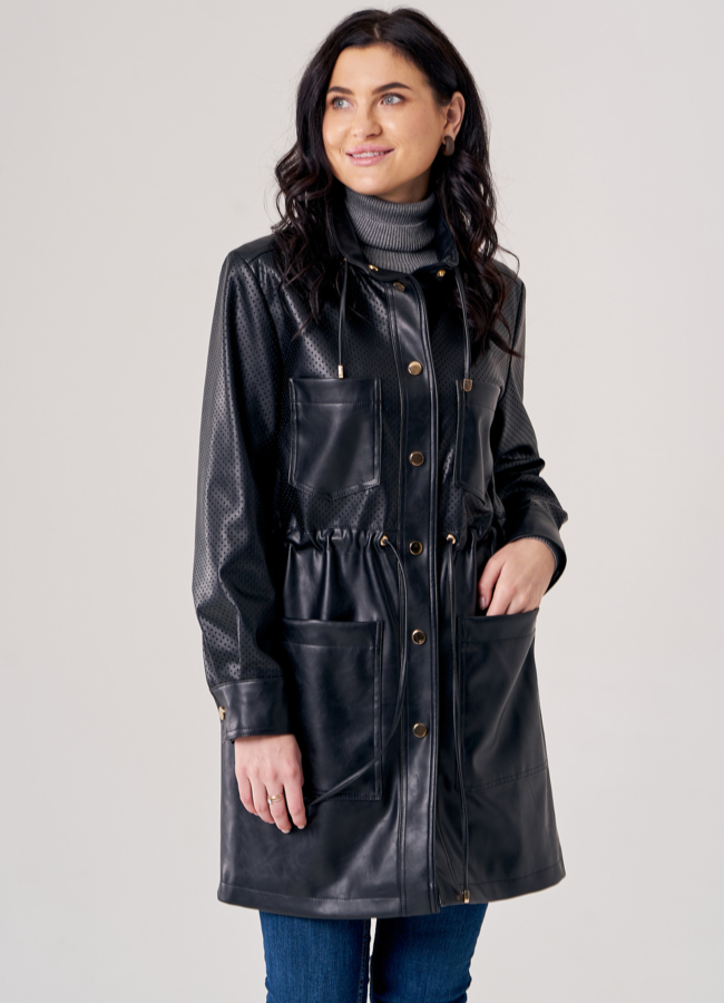 Плащ женский из эко кожи черного цвета модель № 20771 универмаг малина