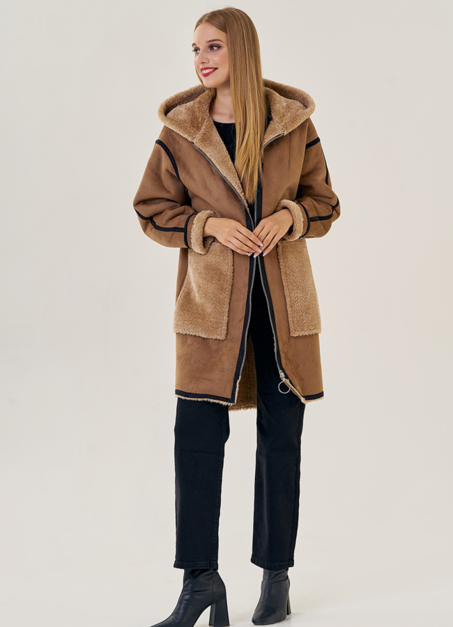 Женская эко дубленка с капюшоном модель № 22958 универмаг малина