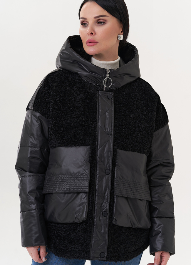 Женская куртка с капюшоном в черном цвете модель № 26615 универмаг малина