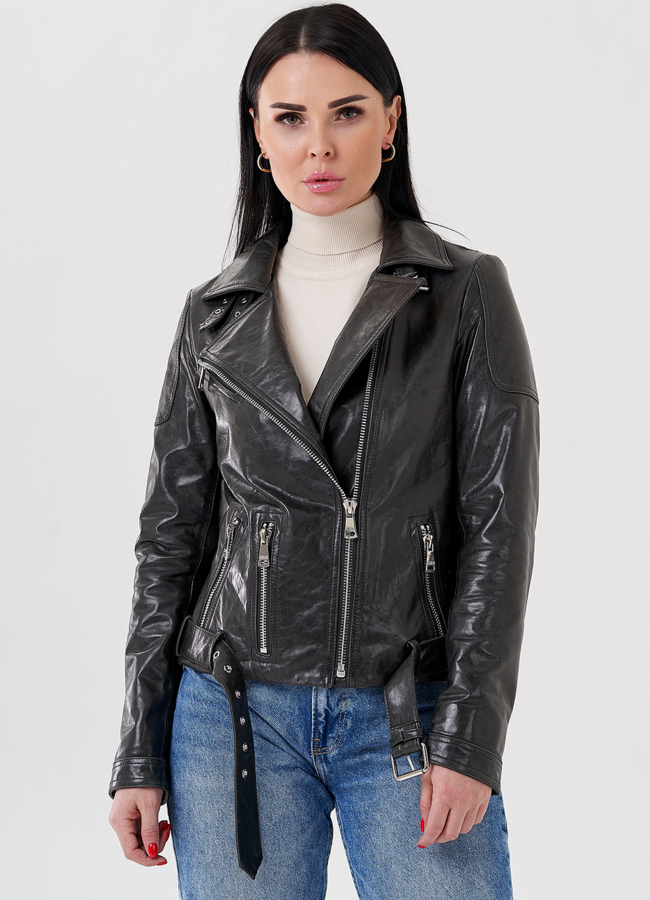 Женская куртка - косуха из натуральной кожи серого цвета  модель № 24121 в рассрочку