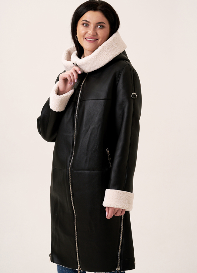 Эко дубленка черного цвета удлиненная на молнии модель № 79450 универмаг малина