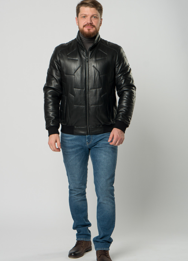 Мужской пуховик-бомбер из натуральной кожи черного цвета модель № 18504 в кредит