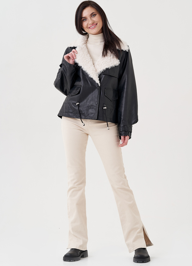 Куртка оверсайз на утеплителе из эко кожи модель № 158 меха малина