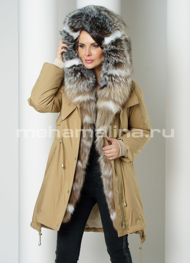 Парка с мехом на молнии с капюшоном модель № 959 меха малина