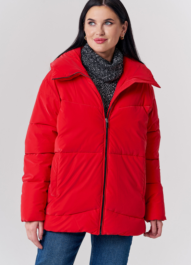 Пуховик красного цвета с воротником стойкой модель № 21896 меха малина