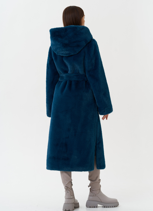 Удлиненное пальто из эко меха с капюшоном модель № 27793 универмаг малина