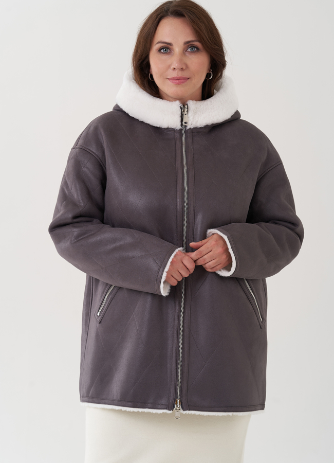 Женская дубленка с капюшоном  модель № 81989 меха малина