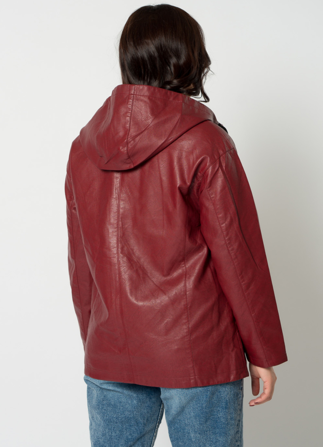 Куртка из эко кожи в красном цвете с капюшоном модель № 21693 в рассрочку