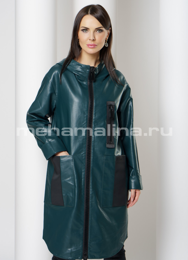 Плащ из эко кожи с капюшоном на молнии модель № 18015 универмаг малина