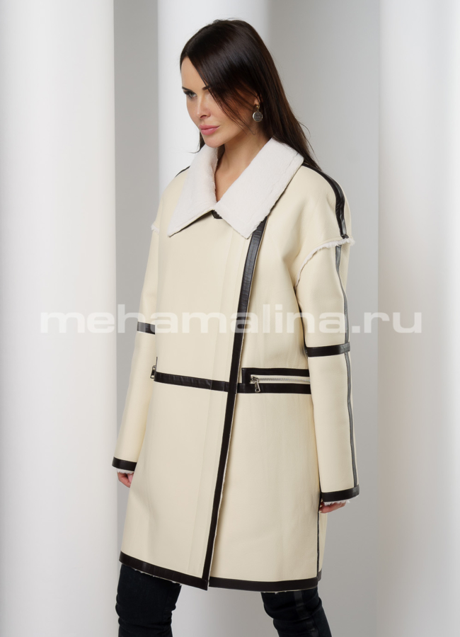 Светлая дубленка из эко кожи с отложным воротником на молнии модель № 9619 универмаг малина