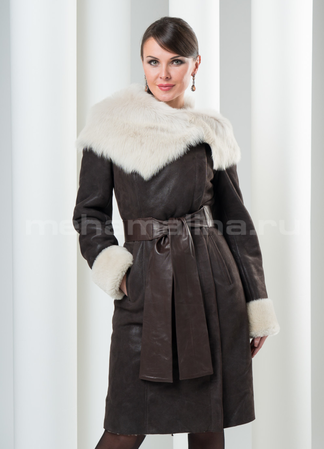 Дубленка с капюшоном на молнии bej-micro модель № D-79 в кредит